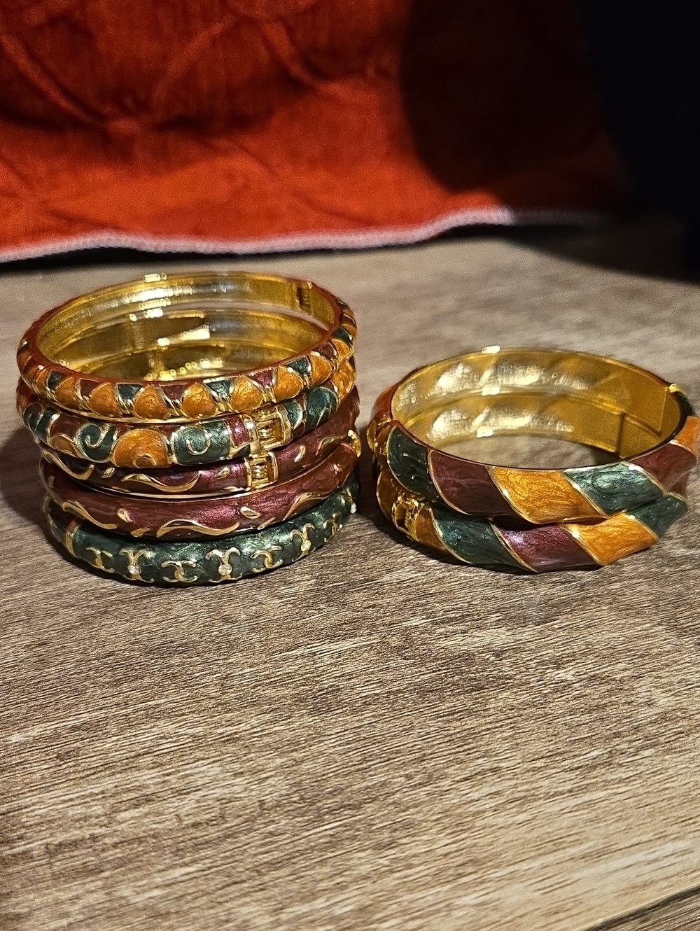 Vintage Autumn Enamel Hinged Bangle Bracelets Set of 7 - Gold Tone Boho Stack